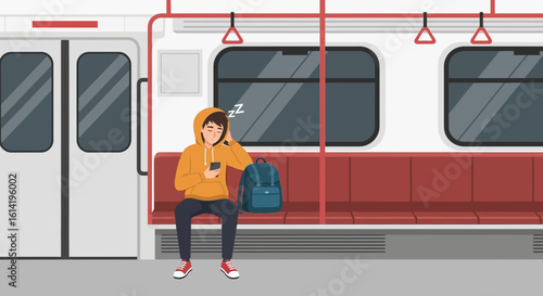 Sleepless Commuter Napping On Subway Train While Using Mobile Phone