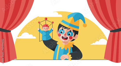 Happy Jester With Puppet On Stage Entertaining For Spectators Delightfully