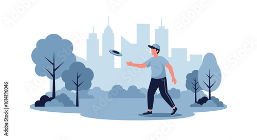 Man Playing Frisbee In The Park With City Skyline Background Vector