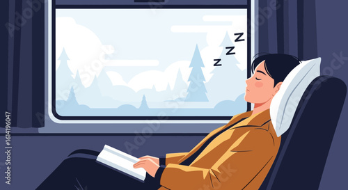 Man Sleeping Comfortably On A Train Journey Across A Snowy Landscape