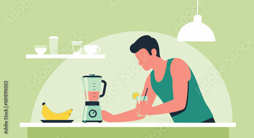 Man Preparing And Enjoying A Healthy Smoothie In A Modern Minimalist Kitchen