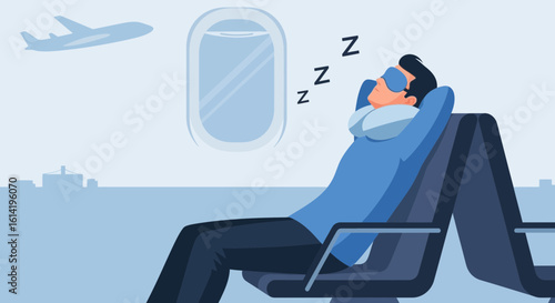 Man Sleeping Comfortably On Airplane During A Flight Travel Adventure