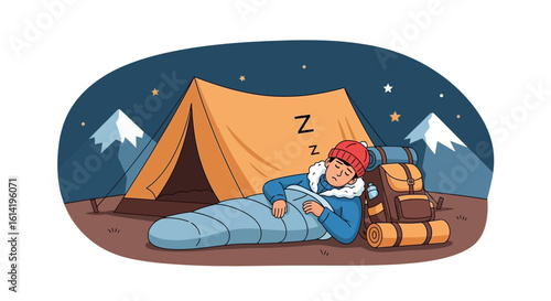 Man Sleeping in Sleeping Bag Near Tent During Night Camping Adventure