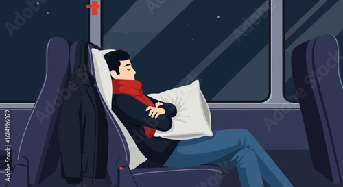 Man Sleeping On a Bus Traveling At Night With Cityscape Background