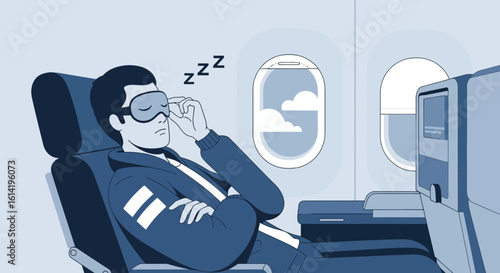 Man Sleeping On Plane During Flight Journey With Eye Mask On Seat