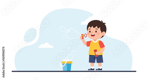 Happy Little Boy Blowing Bubbles Creating Childhood Joyful Moments