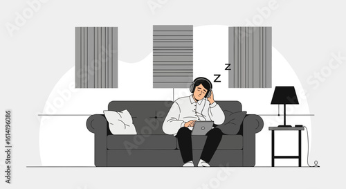 Man Sleeping On Sofa While Listening To Music In Home Interior