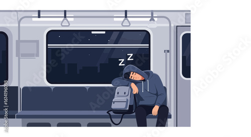 Man Sleeping On Subway During Night Commute With City View Outside