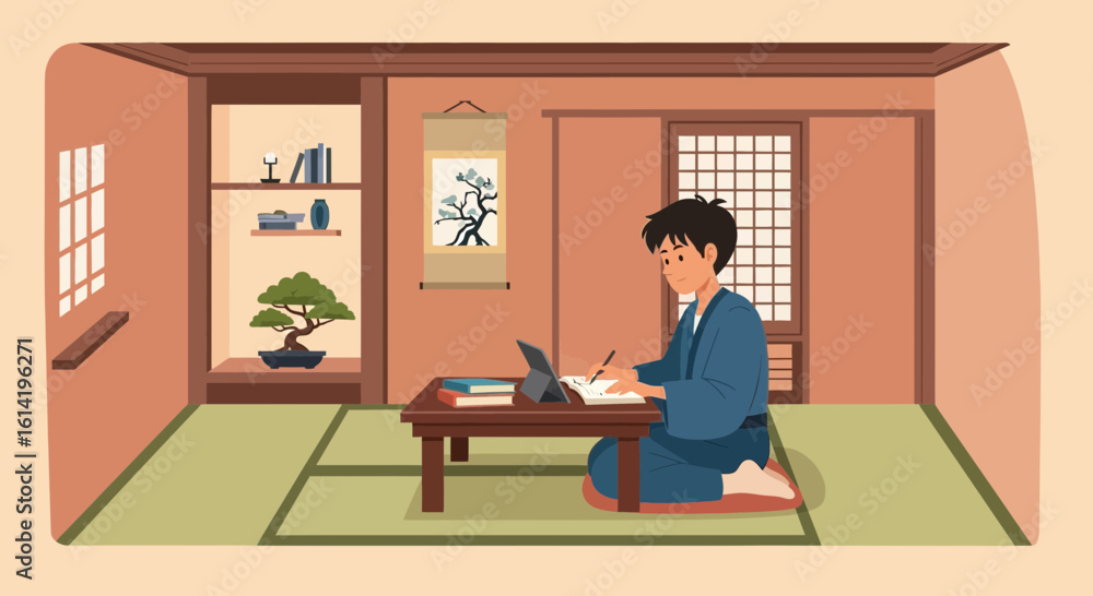 Fototapeta premium Man Writing And Studying At Home In A Traditional Japanese Room