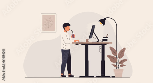 Man Working At Standing Desk While Drinking Coffee For Healthy Lifestyle