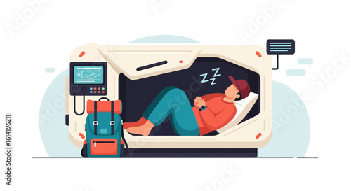 Man Relaxing Inside Futuristic Capsule Bed After Long Journey