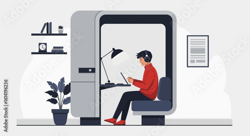 Man Works Remotely In Modern Phone Booth Using Laptop And Listening Music