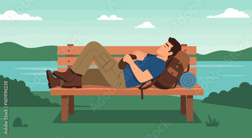 Man Relaxing On Park Bench After Hiking Exploring Nature Outdoors Scenery