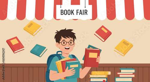 Happy Student Attending Book Fair With Lots of Interesting and Valuable Books
