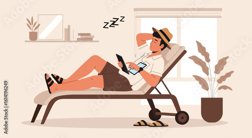 Man Relaxing On Lounge Chair With Tablet At Home Or Holiday Vector