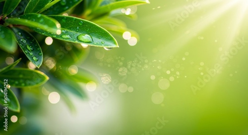 Green Leaves with Water Drops and Bokeh, Illuminated by Sunlight, Natural Scene