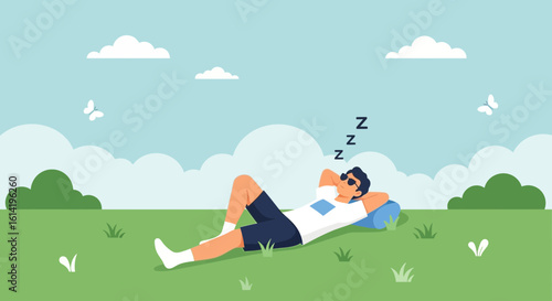 Man Relaxing Outdoors Enjoying Summer Nap in Green Meadow Peacefully