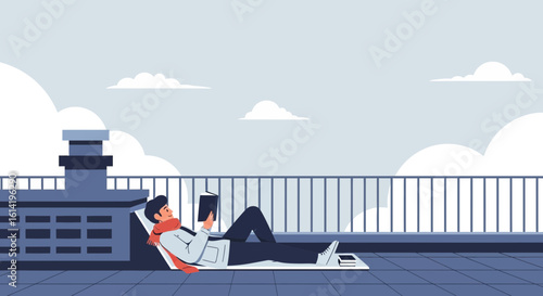 Man Relaxing On Rooftop And Reading During The Day Illustration