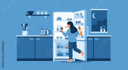 Midnight Snack: A Woman Enjoying A Late Night Snack From The Fridge