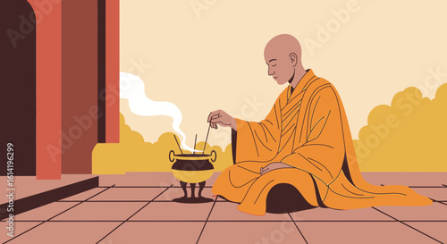 Meditative Monk Practices Ritual With Incense Near A Traditional Building