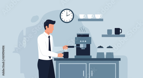 Morning Rituals Office Man Preparing Coffee From Machine Illustration