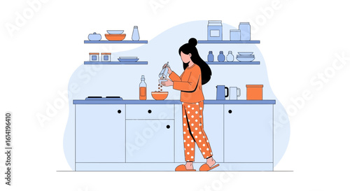 Morning Routine Girl Preparing Cereal In Modern Kitchen Minimalist Style