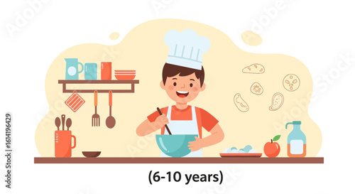 Happy Young Boy Pretending To Be A Chef Mixing Ingredients In Kitchen