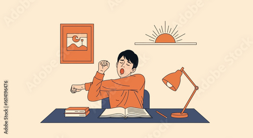 Morning Study Fatigue An Illustration Of Student Stretching At Desk