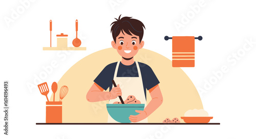 Happy Young Man Baking Cookies Or Cake Enjoying In Kitchen Cartoon Vector