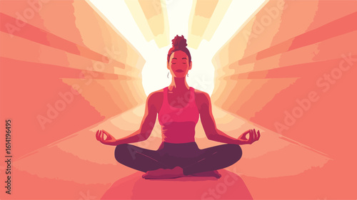 Serene woman practicing wide-angle yoga meditation