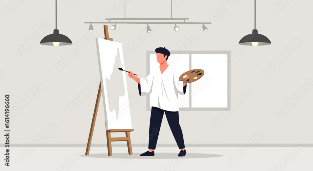 Fototapeta premium Illustration Of An Artist Painting In A Bright Well Decorated Studio