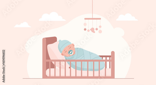 Newborn Serenity Sleep In Crib Pastel Hues Vector Illustration