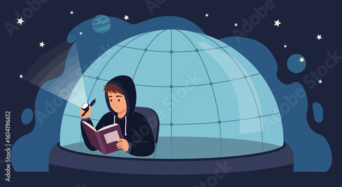 Night Study At Planetarium A Young Man Reads A Book With Flashlight