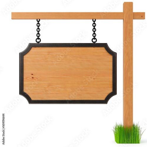 A blank wooden sign hangs isolated on white background.