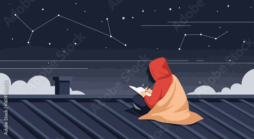Nighttime Musings Girl Writes Underneath Starry Sky Rooftop Illustration