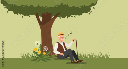 Old Man Peaceful Nap Under Tree Illustration On A Sunny Day In Nature