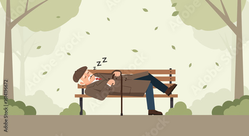Old Man Taking A Nap On A Bench In The Park Illustration