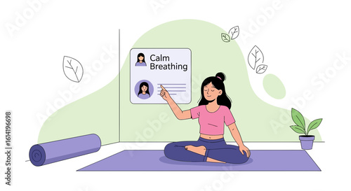 Online Calm Breathing Exercise Illustration Young Woman Relaxing Doing Yoga