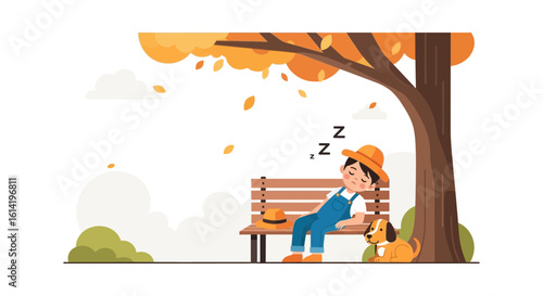 Peaceful Afternoon Nap Illustration Of A Boy On A Bench Underneath A Tree