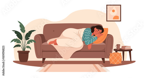 Peaceful Afternoon Nap Woman Resting on Sofa Comfortably at Home