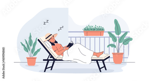 Peaceful Afternoon Woman Relaxing And Reading A Book On Her Balcony