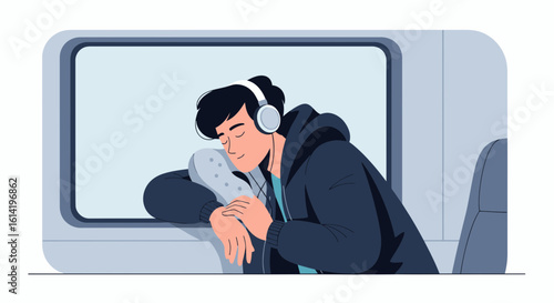 Peaceful Commute: Young Man Relaxing on Train With Headphones Closed Eyes