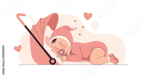 Peaceful Baby Dreams Near Pink Stroller, Vector Illustration of Newborn Slumber