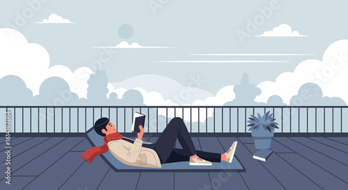 Peaceful Reading On The Roof Terrace With Skyline In The Background Illustration