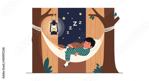 Peaceful Slumber Amidst Nature Child Sleeping In Hammock Under Starry Night