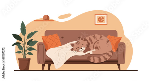 Peaceful Slumber Cat Enjoys A Relaxing Nap On Comfortable Couch Indoors