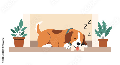 Peaceful Slumber Brown Beagle Relaxing with Bone Next to Potted Plants