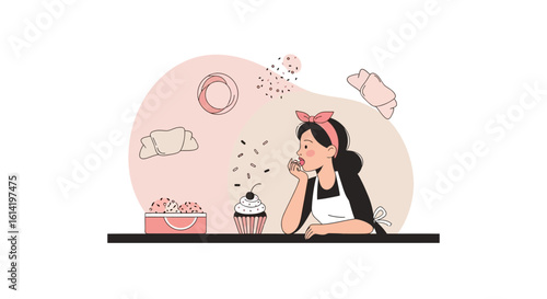 Pensive Baker In The Kitchen Surrounded By Confectionery Treats And Desserts