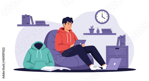 Person Relaxing In A Beanbag Chair While Using Modern Technology At Home
