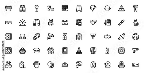 Job Safety icon set. Vector safety equipment collection. Includes barrier, helmet, vest, gloves, mask, extinguisher, cone, shield, alarm and more. Editable stroke.